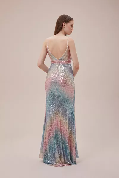 Viola Chan Colorful Sequin Embroidered Long Evening Dress with Slim Straps