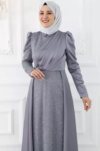 Öykü Hijab Avondjurk Grijs