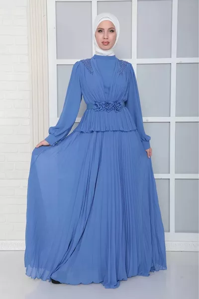 فستان سهرة محجب بطيات مع كتف وحزام - نيلي