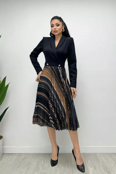 Atlas Fabric Skirt Colorful Pleated Jacket Dress - BLACK