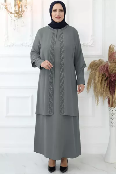 Robe de soirée brodée de pierre grise pour femme T 