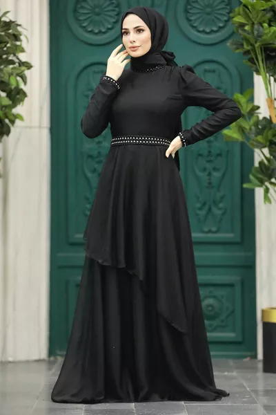 Вечернее платье в хиджабе - Жемчужное черное вечернее платье в хиджабе S