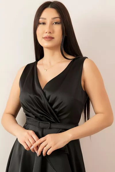 Double-breasted Ruffled Satin Evening Dress 