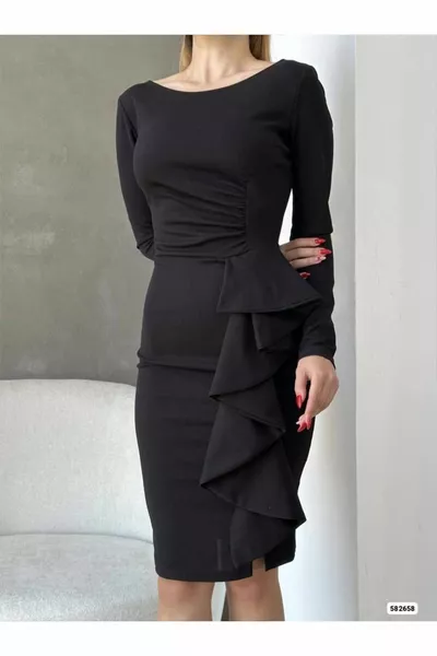 Round Neck Back Low-Cut Long Sleeve Flounced Ruffle Detail Dress