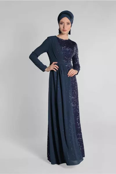 Women's Navy Blue (A.NAVY BLUE) Chiffon and Sequin Sequin Evening Dress 