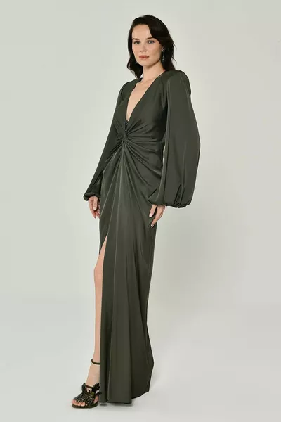 Dames Lange Mouw Diepe V-hals Satijnen Lange Groene Avondjurk Afstudeerjurk met split aan de voorkant