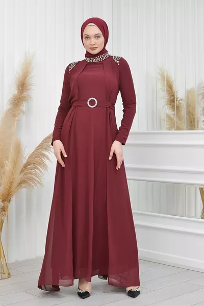 فستان سهرة شيفون بحزام مع أحجار على الكتفين - Mihrimah Model