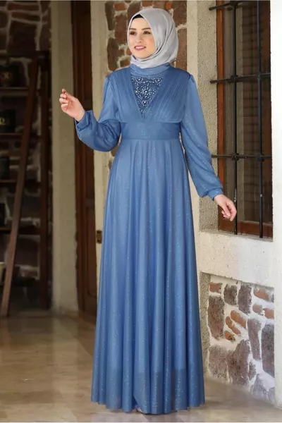 Дамска тъмно синя (INDIGO) блестяща вечерна рокля с камък и мъниста детайл T 