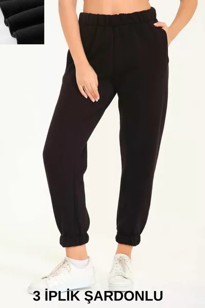 قطن أسود نسائي (3 خيوط رفع) بنطال رياضي شتوي سميك