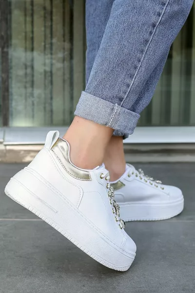 Lintworm White Skin Lace-Up Sneakers met Stenen - Maat : 