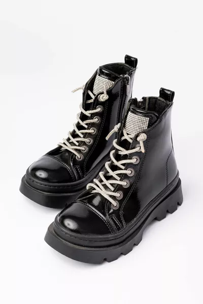 الفتيات الأسود براءات الاختراع والجلود عالية وحيد سستة الرباط أحذية الحجر