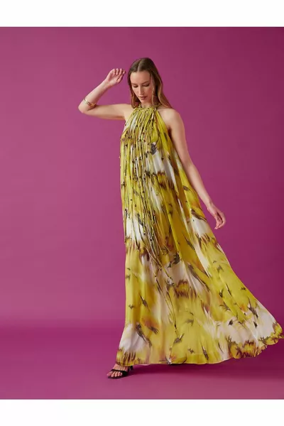 Halter Collar Tassel Detailed Patterned Dress