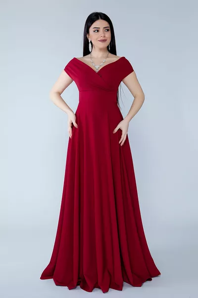 بورجوندي قارب طوق مزدوج الصدر المنسوجة المتدفقة النسيج ماكسي طول مساء اللباس