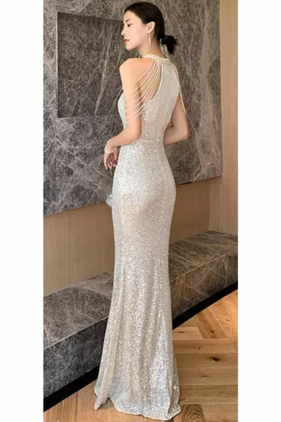 Hilaltrend Halter Collar Stone Detailed Abito da sera con paillettes