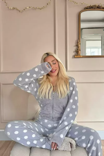 Grijze Punt Patroon Vrouwen Fleece Pluche Jumpsuit Pyjama