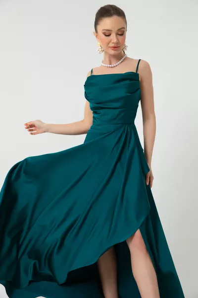 Women's Petroleum Flounced Satin Evening Dresses & Graduation Dresses