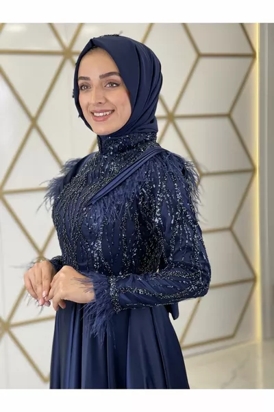 Aplik Detaylı Hürrem Saten Tesettür Abiye Lacivert