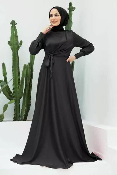 Hijab Evening Dress - Crepe Satin Black Hijab Evening Dress s