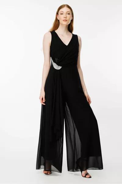 Zweireihiger Chiffon-Jumpsuit mit Steindetail und Ausschnitt - SCHWARZ