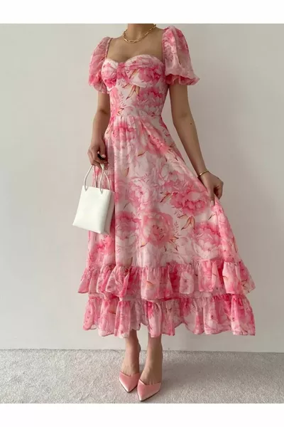 Abito estivo floreale rosa da donna Perla Midi Chiffon Dress