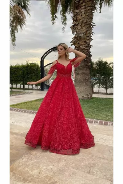 Веревочный ремешок на талии Вышивка камнями Пояс V-образный вырез Kiloş Новое сезонное вечернее платье  