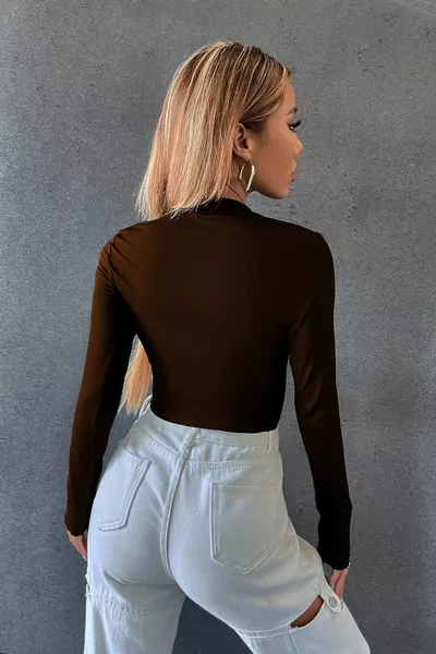 المرأة البني كاميسول النسيج سستة الوقوف طوق بلوزة المحاصيل