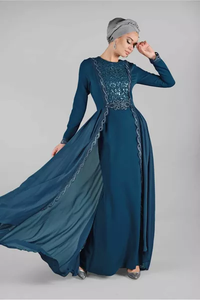 Women's Green (K.PETROL) Stone and Guipure Evening Dress 