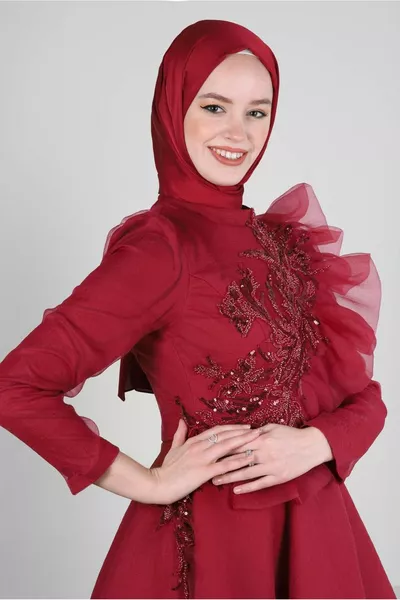 SEQUIN EMBROIDERED RUFFLE DETAILED EVENING DRESS 