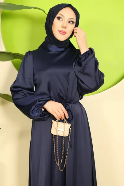 Navy Blue Judge Collar Balloon Sleeve Satin Evening Dresses