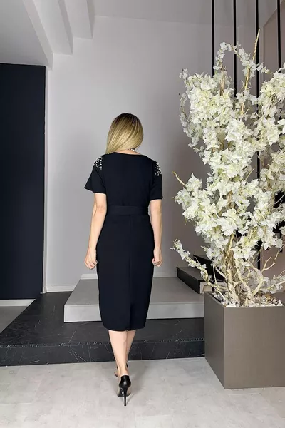  Square Collar Pearl Detailed Dress Black