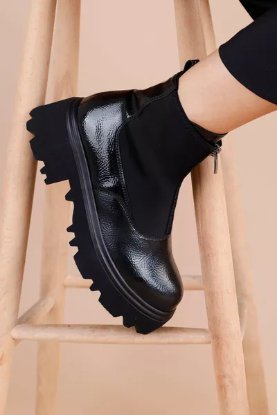 Helnus Women's Thick Sole Patent Leather Black Boots