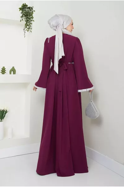 فستان سهرة كريب مع حزام حجر  برقوق