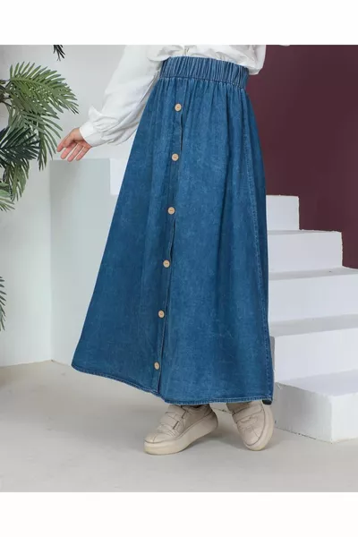 Button Detailed Hijab Outdoor Snow Wash Denim Skirt