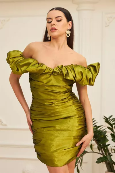 Pistacchio verde taffettà Off Shoulder abito da sera corto