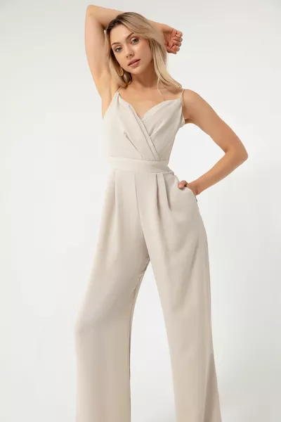 Dames Beige Double-breasted Kraag Dunne Bandje Avondjurk Jumpsuit
