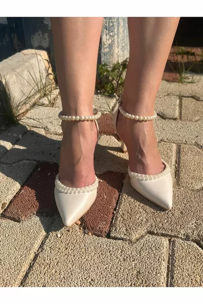 SCARPE DA SPOSA DA DONNA IN MADREPERLA BIANCO SPORCO COMODE 7 CM CON TACCO A CALICE PERLA RICAMATA SCARPE DA SPOSA A SPILLO