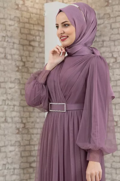 المرأة الأرجواني حزام الحجر تول التفاصيل مساء اللباس 