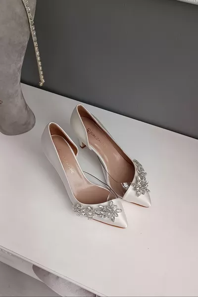 Mother-of-pearl Satin Side Transparent Star Accessory 7cm Heeled Stiletto Evening Dress Women's Shoes