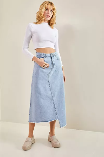 تنورة دنيم بنمط متماثل نسائي بشرابة