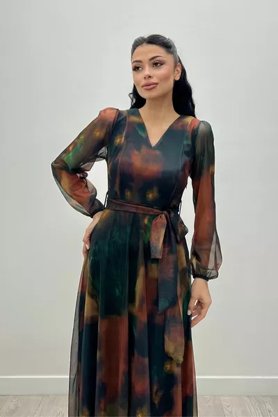 Midikleid aus Tüllstoff mit V-Ausschnitt - GELB