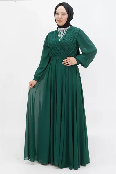 الشيفون النسيج مزدوج الصدر طوق نظرة الحجر مساء اللباس