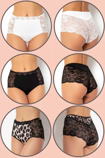 سروال داخلي نسائي كبير الحجم بثلاث قطع عالي الخصر، دانتيل، ألوان أبيض/أسود/نقشة الفهد 
