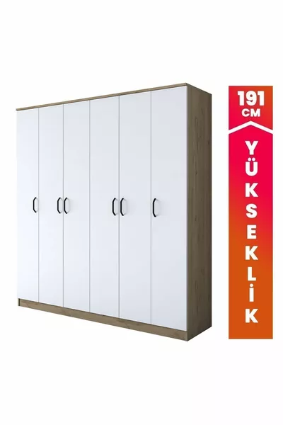 Rani Ampio Armadio Guardaroba 6 Ante con Ripiani e 2 Appendiabiti, Cestello Noce - Bianco