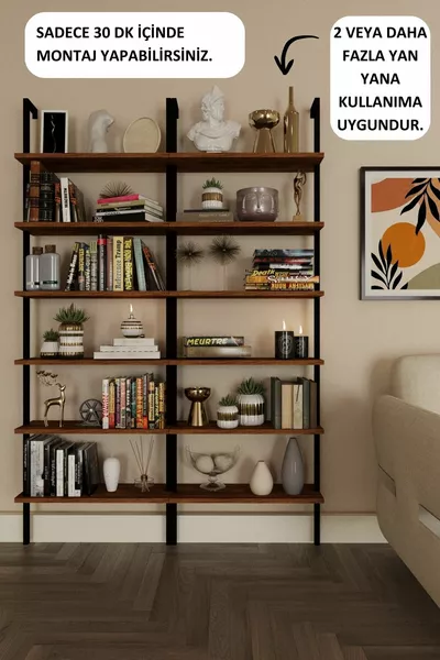 Decoratief Ontwerp 6-laags Wandgemonteerde Boekenkast, Huisplank, Walnootplank