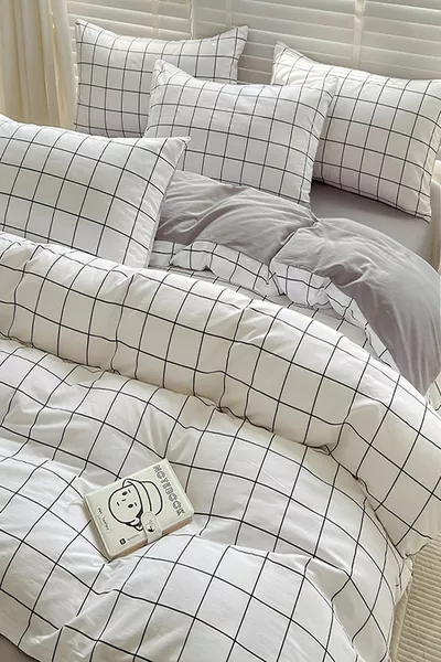 Single Bed Duvet Cover Set with Fitted Sheet White Small Check Small