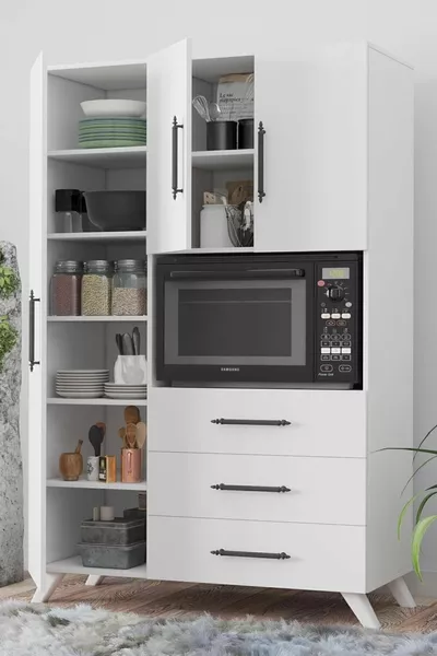 Aras Beyaz Armadio Cucina Multiuso & Armadio Bagno, Dispensa, 3 Ante, 3 Cassetti, Scomparto Forno