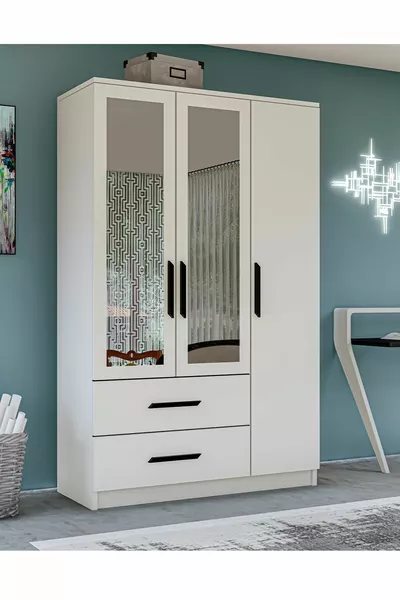 Gm Modena 3 Deurs 2 Lade Spiegelend Wit Kledingkast met Zwarte Handgrepen