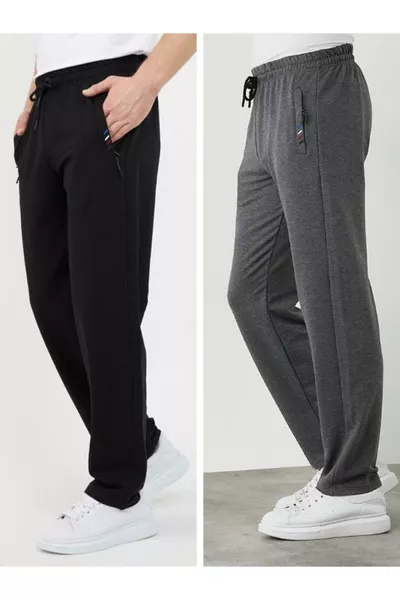 سروال رياضي رجالي أسود-رصاصي من قطعتين بسحاب وجيوب وتطريز تفاصيل، قصة مستقيمة ومريح