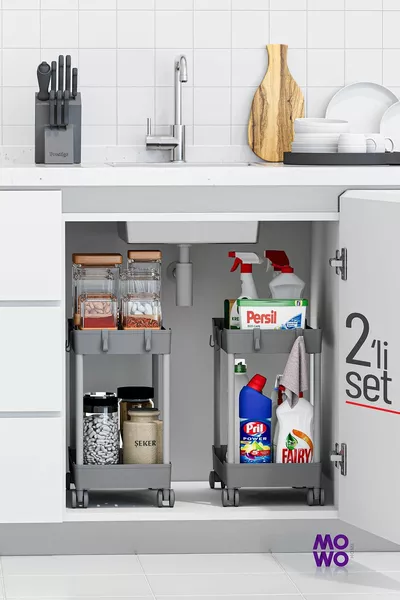 Gray 2-Tier Wheeled Organizer 2-Piece Set Kitchen Shelf Bathroom Shelf Under-Counter Sink Organizer Detergent Holder