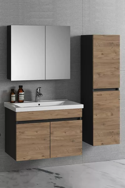 Cm Антрацитно сиво мат-атлантически бор MDF комплект за висяща баня с керамична мивка